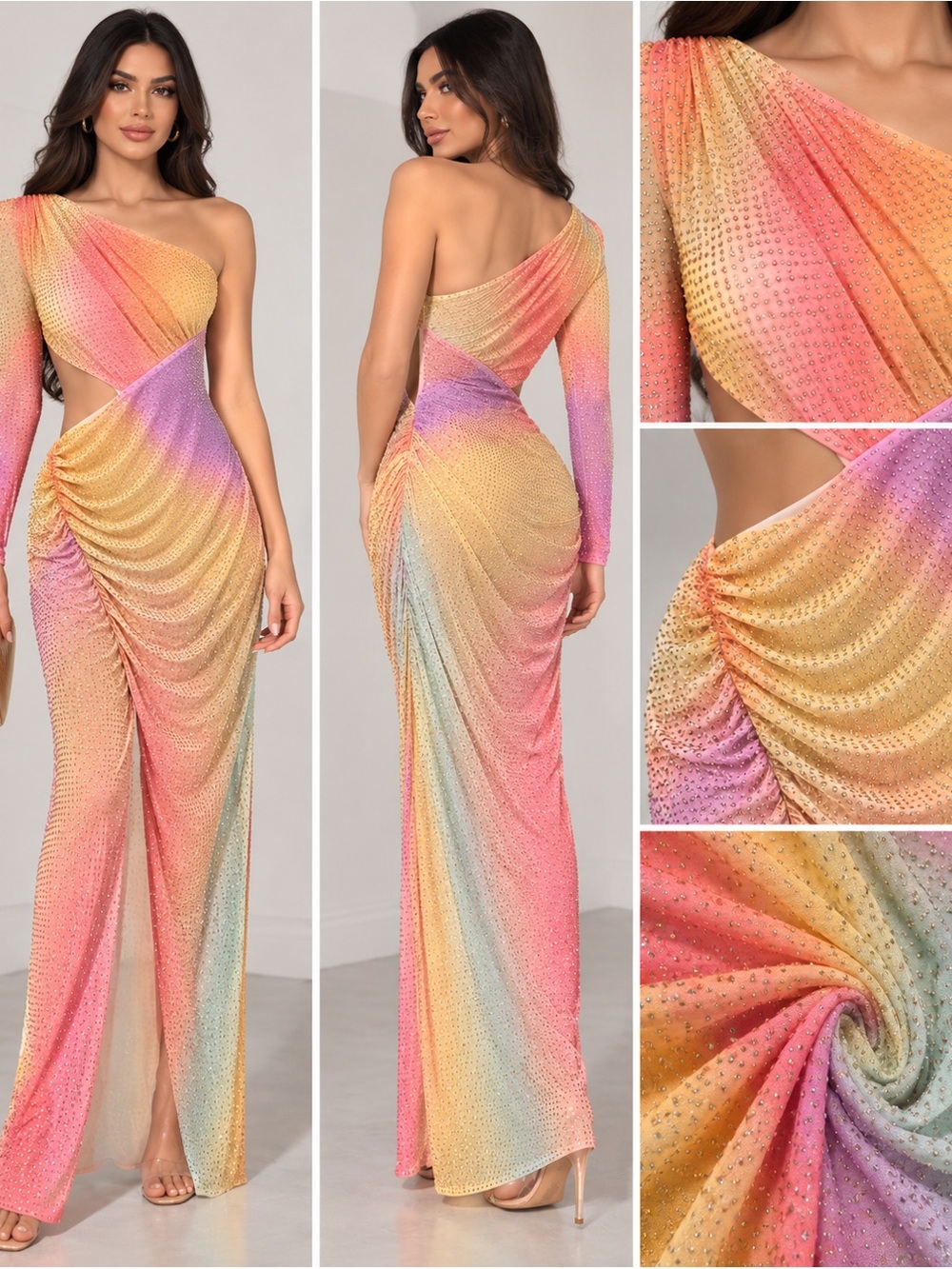 Self-Portrait Pastel Rainbow One-Shoulder Ruched Evening Gown